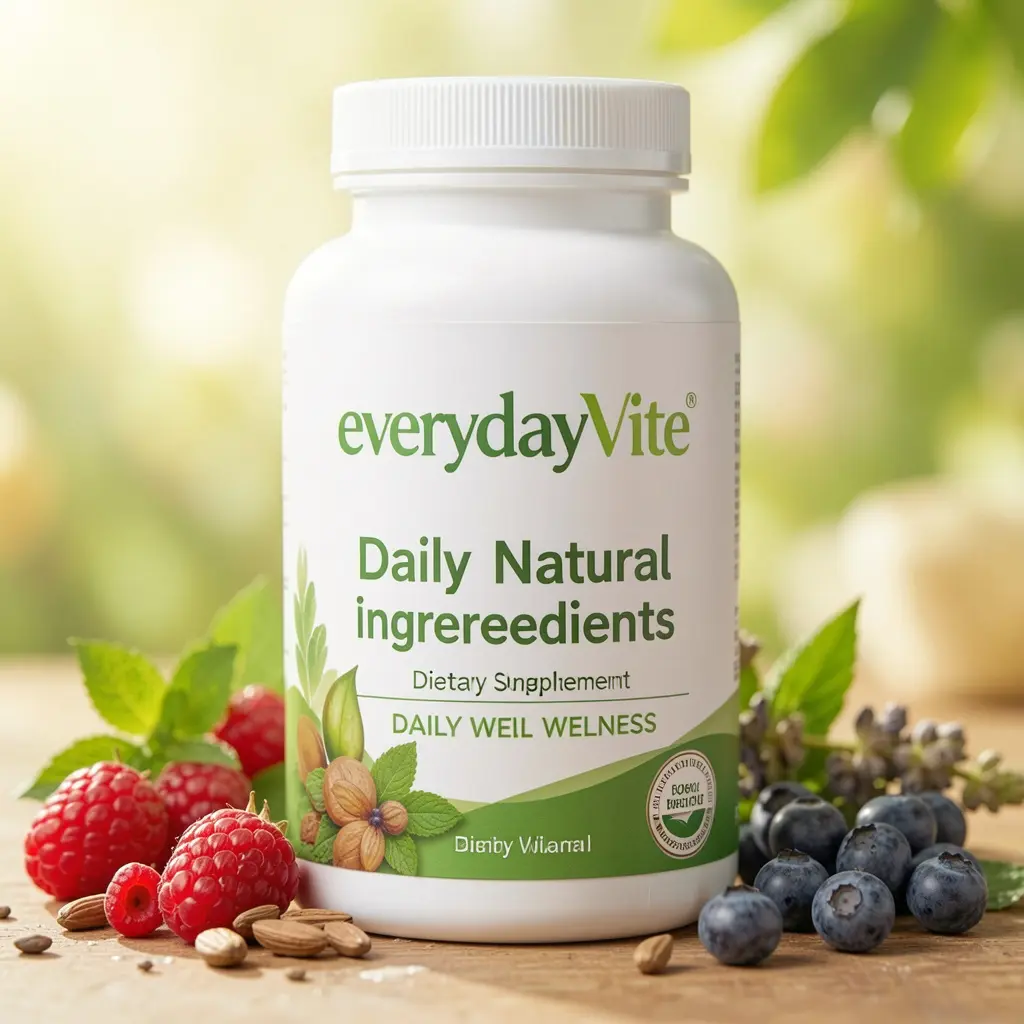 EverydayVite dietary supplement bottle with natural ingredients for daily wellness support